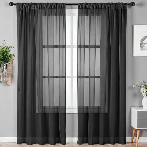 Alaoo Cortinas Salon Modernas, Blancas Translucidas Ventana Visillos 2 Piezas, 142x230cm, Agujero de Varilla, para Ventana Dormitorio Translúcidas Visillos Paneles para Ventanas Sala Comedor,Negro