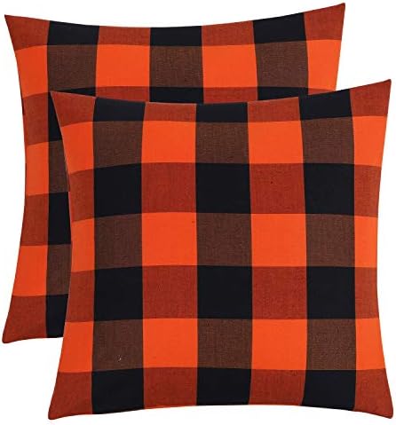 Pack of 2 Buffalo Checkered Plaid Pillow Covers 20"x 20" Classic Orange and Black Polyester Cotton Soft Throw Pillow Covers Decorative for Farmhouse Couch, Bed, Sofa (orange and black, 20 X 20 inch)