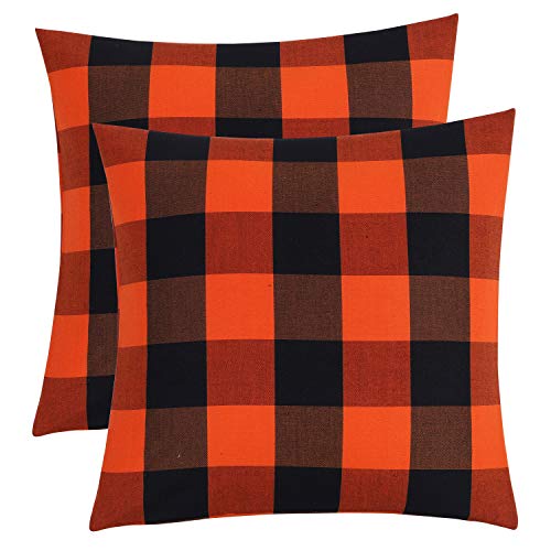 Pack Of 2 Buffalo Checkered Plaid Pillow Covers 20"X 20" Classic Orange And Black Polyester Cotton Soft Throw Pillow Covers Decorative For Farmhouse Couch, Bed, Sofa (Orange And Black, 20 X 20 Inch) #TOP1