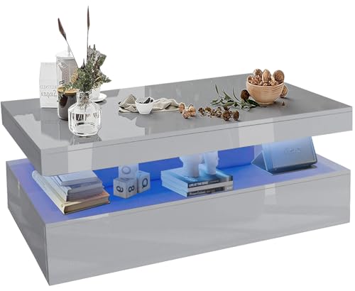 High Gloss Coffee Table with Storage, Coffee Table for Living Room with LED RGB Lights 2 Drawer Storage Rectangle Centre Tea Table for Home Office Furniture, Grey, 47D x 94W x 38H cm