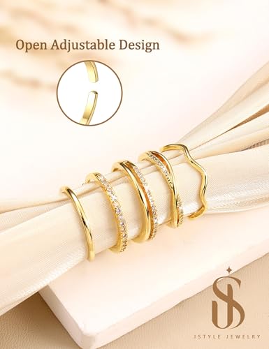 Jstyle Gold Stackable Rings for Women Non Tarnish Open Adjustable Rings Cubic Zirconia Thin Thumb Silver Ring Set 14K Gold Filled Pinky Knuckle Stacking Set - Dainty Statement Promise Band Ring Sets3