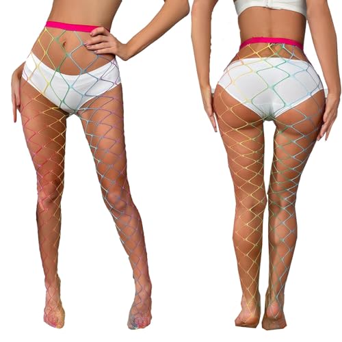 Image of Women's Rainbow Fishnet Hosiery, Neon Sheers, Rainbow Tights, Mesh Stockings - Pride Outfits