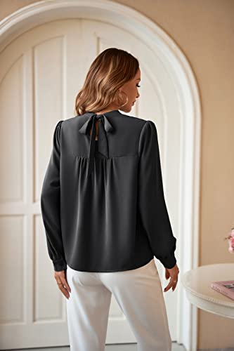 Women Solid Chiffon Tie Blouse Mock Neck Puff Sleeve Tops Pleated Front Black M #TOP1