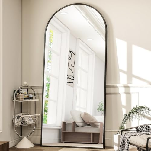 Image of Arch Top Full-Length Mirror | Floor Standing or Wall Mounted | Minimalist Design in Gold, Black & Silver | Oversized Mirror for Bedroom & Entryway (Black, 160x60cm)