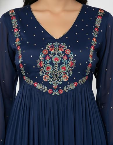 Image of Amazon Brand - Tavasya Women's Silk Chiffon Embroidered A-Line Kurta Set with Rayon Pant and Silk Chiffon Laced Dupatta | Kurti Set for Women