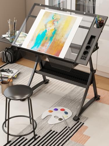 Artist Drafting Table with Stool Acrylic Drawing Work Surface 0°-50° Tilted, Adjustable Height, Study Workstation for Reading, Writing, Crafting, Painting Art (Black 2*Side Tray)