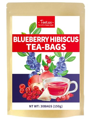 Image of TeeLux Blueberry Hibiscus Tea Bags, Caffeine Free Fruit Herbal Tea, 30Count | Sweet & Tart Fruit Flavor, Hibiscus Blend with Cranberry, Blueberry, Peach, Apple, Hibiscus, Hawthorn