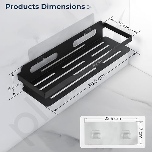 Image of Plantex Self Adhesive Bathroom Shelf /Stainless Steel Bathroom Organiser /Wall Adhesive Shelf /No Drill Bathroom Shelves /Kitchen Organizer-Pack of 1(12x4 Inch, Black)