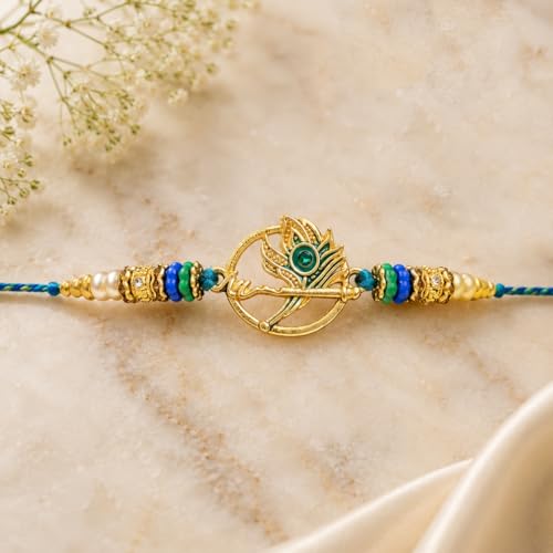 Image of CraftVatika Rakhi for Brother Boy Men, Designer Peacock Feather Rakhi for Rakshabandhan, Premium Raksha Bandhan Rakhies for Bhaiya, Traditional Raki for Bhai, RakshaBandhan Bracelet Set of 1