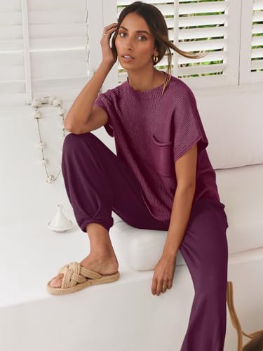 Image of ANRABESS Women's Two Piece Outfits Sweater Sets Knit Pullover Tops and High Waisted Pants Tracksuit Lounge Sets