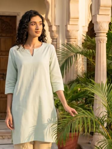 Image of SAADAA Airy Linen Mid Thigh Length Kurta for Women | Stylish Split Neck, 3 /4 Sleeves & Side Pockets | Comfortable Everyday Wear Kurta | Breathable Fabric |