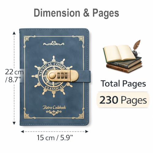 Image of STORE 2508 Vintage Finish Lock Diary with 3-Digit Metal Combination Lock | A5 Retro Codebook Journal | PU Leather Notebook with 230 Pages | Secret Password Diary for Writing Notes Gifts (Blue Retro)