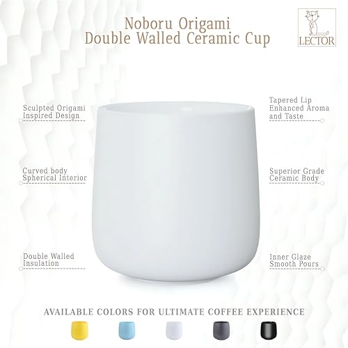 Image of LECTOR Noboru Origami Double Walled Ceramic Cup | 230ml Insulated Coffee Mug for Hot & Cold Coffee, Espresso, Tea & Drinks | 85mm Height | Stylish & Durable | Microwave Safe (Pack of 1) (White)