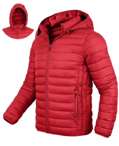 Xsylxgc Mens Puffer Jackets Lightweight Down Puffy Winter Jackets with Hood, Red M