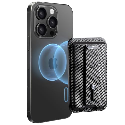 ESR Magnetic Wallet, Compatible with MagSafe Wallet, 3-Card Holder, Secure-Grip Finger Loop, for iPhone 17/16/15/14/13/12 Series & Google Pixel 10, Not for Mini, Vegan Leather, Black Carbon Fiber