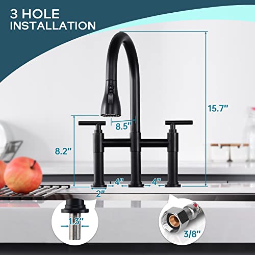 Arrisea Matte Black Bridge Kitchen Faucet With 3 Mode Pull-Down Sprayer 2 Handle 8 Inch Faucet For Kitchen Sinks 3 Hole Kitchen Sink Faucet, Fingerprint Resistant Spot Free Bl-Bkf-15108Bk #TOP4
