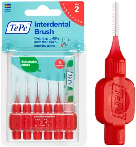 TePe Interdental Brush Original, Soft Dental Brush for Teeth Cleaning, Pack of 6, 0.5 mm, Extra-Small/Small Gaps, Red, Size 2 image 2