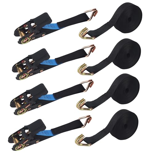 4 Piezas Cinchas de Amarre, Correas Tensoras con Carraca y Ganchos, Cinchas de Amarre para Mudanzas, Carritos, Motocicletas, Equipaje, Acampadas y Sujeción de Mercancías, 6m x 25mm, Negro