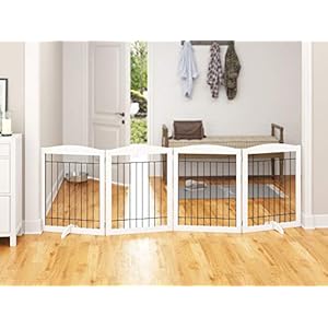   PAWLAND-Extra-Wide-Dog-gate-for-The-House-Doorway-Stairs-Dog-Fences-Indoor-Freestanding-Foldable-Wooden-Pet-Gates-for-Dogs-Set-of-Support-Feet-Included-96-in-Wide-30-in-Tall-4-Panels-White