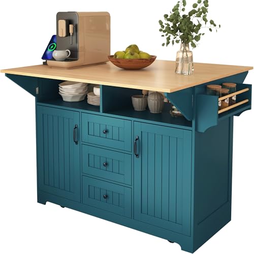 Andehomy 55.7'' Large Kitchen Island with 2 Drop Leaf, Rolling Kitchen Cart on 5 Wheels with Power Outlet, Folding Dining Table with Spice & Towel Rack, 3 Drawers, for Kitchen, Dining Room,Green