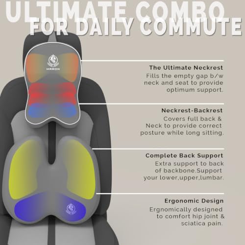 Image of MRRON Orthopedic Memory Foam Lumbar Backrest & Neck Rest Cushion for Car Seat - Ergonomic Car Back & Neck Support Pillow Combo - Pain Relief for Long Drives, Sciatica, Posture (Grey, BacKpro)