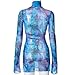 Women’s Floral Tie Dye Sheer Mesh Mini Dress Sexy Mock Neck Split Bodycon Flared Long Sleeve Beach Party Dress Purple