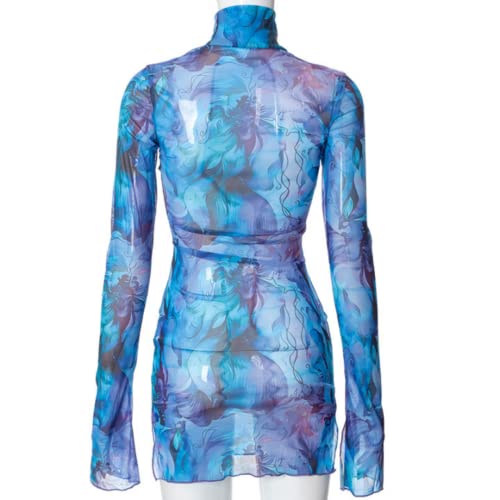 Women’s Floral Tie Dye Sheer Mesh Mini Dress Sexy Mock Neck Split Bodycon Flared Long Sleeve Beach Party Dress3
