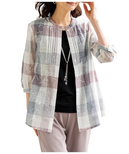 チェックと花柄プリントのフリル衿ピンタックブラウス