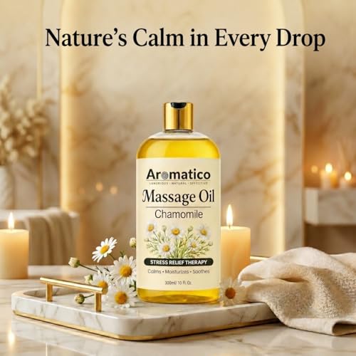 Image of AROMATICO Chamomile Massage Oil - Relaxing Aromatherapy Massage Oil with Almond & Jojoba for Stress Relief, Muscle Relaxing & Skin Nourishment | 300ml