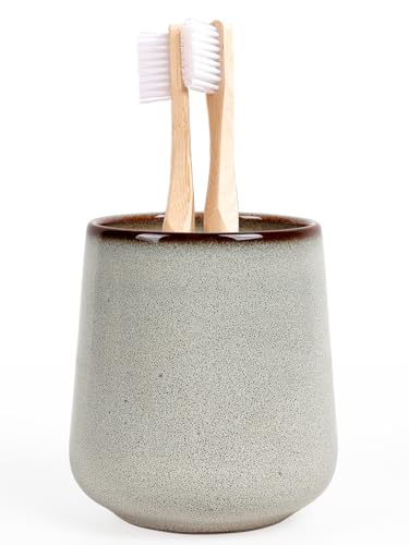 INGOFIN Ceramic Toothbrush Holder 12 oz Toothpaste Holder Bathroom Cup Tooth Brush Holder for Vanity Countertop Organizer Storage for Cosmetic Makeup Office Pencils Kiln-Glazed Grey White