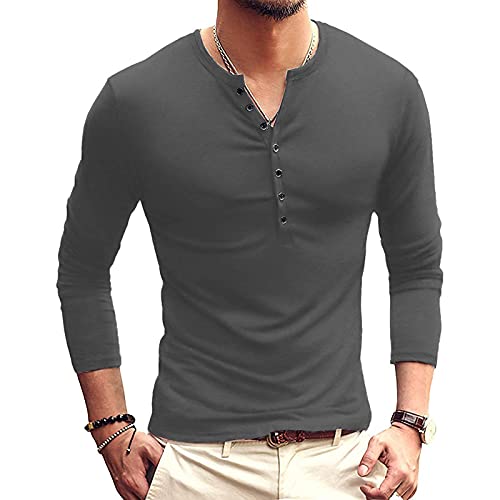 Men's Solid Color Long Sleeve Button O Neck Slim Comfortable Top Men's Blouse Big And Tall Mens Business Shirts #TOP3