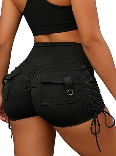 Avanova Women Scrunch Butt Lifting Shorts Booty Gym Workout Shorts with Cargo Pockets Ruched Side Drawstring Black Large