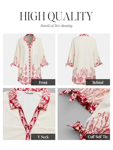 Image of CUPSHE Women Mini Summer Dress Cover Up Oversize Floral Shirt 3 /4 Sleeve Cuff Tie Button Down Beach Dresses Cover Up Top