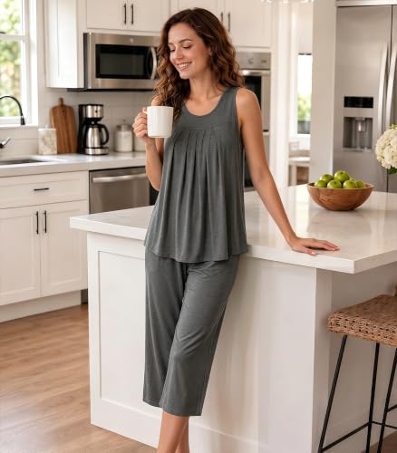 Image of NACHILA Pajamas for Women-Viscose Made from Bamboo, Sleeveless Pjs Tank Top Capri Pants Pajama Sets Cooling Sleepwear