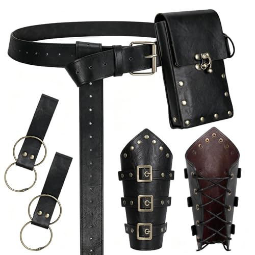 Image of Renaissance Belt Pouch Medieval Viking Leather Bracers Set for LARP