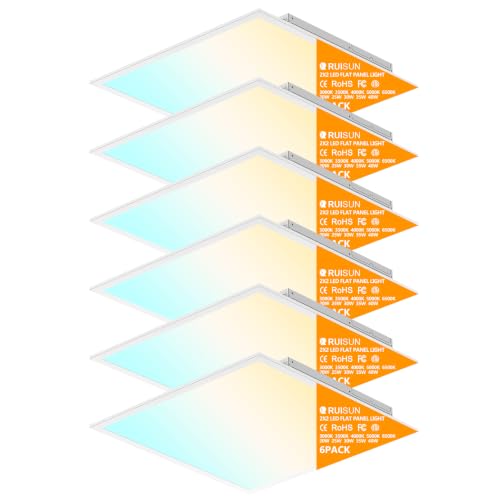 RUISUN 6 Pack 2x2 LED Flat Panel Light Drop Ceiling Office Fixture 4800LM 20W/25W/30W/35W/40W Selectable 3000K/3500K/4000K/5000K/6500K 5CCT Dimmable (0-10V) for Shop Commercial Warehouse ETL Listed