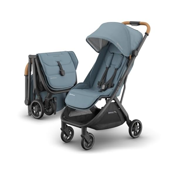 UPPAbaby Minu V3 Travel Stroller | Lightweight + Compact Design | One-Hand Fold + Unfold | from Birth + Overhead Compatible | Dillan (Stone Blue/Carbon Frame/Sand Leather)