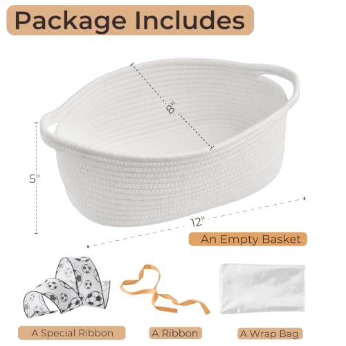 Image of Small Woven Gift Basket Empty - 12 inchx8 inchx5 inch, White /Soccer Ribbon