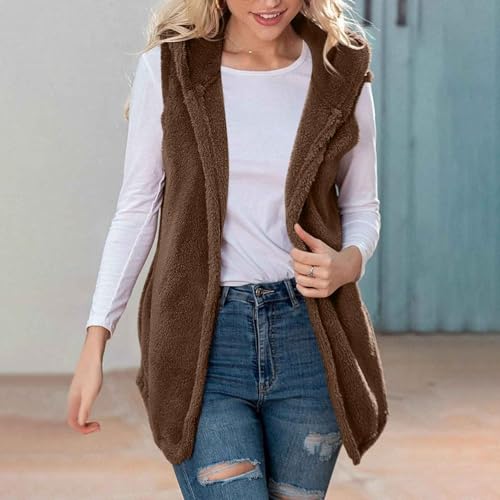 HGps8w Fuzzy Fleece Hoodie Vest for Women Sleeveless Open Front Cardigans Jacket Mid-Long Cozy Warm Outerwear with Pockets4