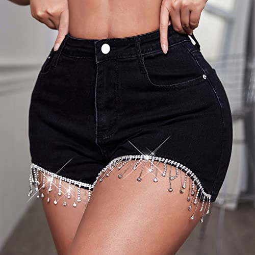 Rhinestone Fringe Shorts Women's High Rise Diamond Tassels Stretchy Casual Jean Shorts Vintage Distressed Hot Shorts Black #TOP4