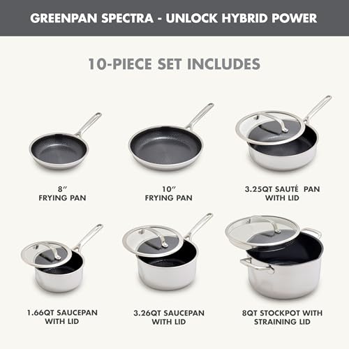 Image of GreenPan Spectra 10 Piece Cookware Set,Hybrid Tri-Ply Stainless Steel, PFAS-Free Ceramic Nonstick Textured Cooking Surface,Induction Pots & Pans with Lids, Dishwasher Safe,Oven & Broiler Temp to 850˚F
