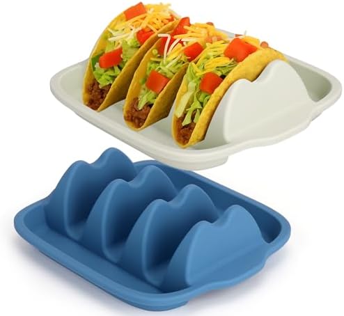 Juome Upgraded Silicone Taco Holder 2 Packs - Reusable Taco Plates with Dividers, Taco Rack Holders Stand for Hard/Soft Taco Shell Holder, Taco Party Serving Tray Plates, Dishwasher & Microwave Safe