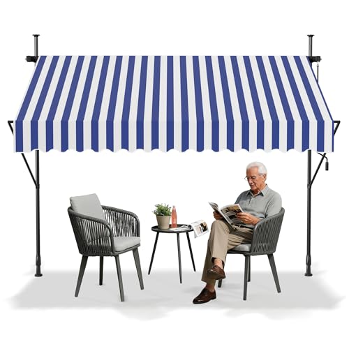 YRHome Klemmmarkise Markise Balkon mit Handkurbel 200cm breit- Balkonmarkise ohne Bohren Höhenverstellbar, Sonnenschutz, wasserdicht Blau-weiß 200cm