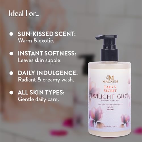 Image of Magnum Lady's Secret Twilight Glow Body Wash 300ml - Hydrating Shower Gel with Aloe Vera, Jojoba Oil & Vitamin E | Mango, Blood Orange & Coconut Fragrance for All Skin Types
