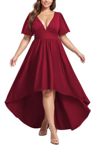 Image of Elegant Dresses Formal Evening Cocktail Long Maxi Wedding Party Dress Sexy V Neck Ruffle Sleeve Hi Low Flowy Gowns
