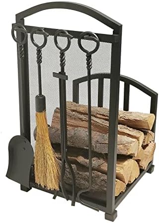 Lizh Metalwork® Fireplace Log Holder with Fireplace Tools, Wrought Iron Indoor Stove Accessories Firewood Rack Holder Lumber Storage Stacking Log Holder Log Bin with Tongs Shovel Poker and Brush
