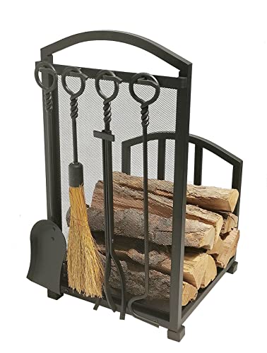 Lizh Metalwork® Fireplace Log Holder With Fireplace Tools, Wrought Iron Indoor Stove Accessories Firewood Rack Holder Lumber Storage Stacking Log Holder Log Bin With Tongs Shovel Poker And Brush #TOP3