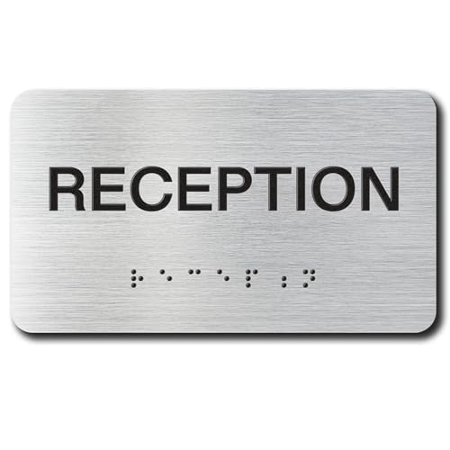 RECEPTION Signs with Raised Text & Grade 2 Braille, Brushed Aluminum/Silver Finish Easy Install with Double-Sided Tape, ADA Compliant Office Door Sign