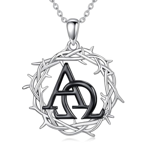 ZPMMPZ Alpha Omega Necklace 925 Sterling Silver Thorn Pendant Christian Symbols Jewelry Gifts for Women Men