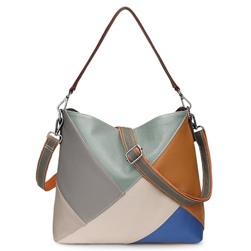 YALUXE Women's Genuine Leather Shoulder Bag Multicolor Handbag Colorful Purse Crossbody Bags Patchwork Unique Design